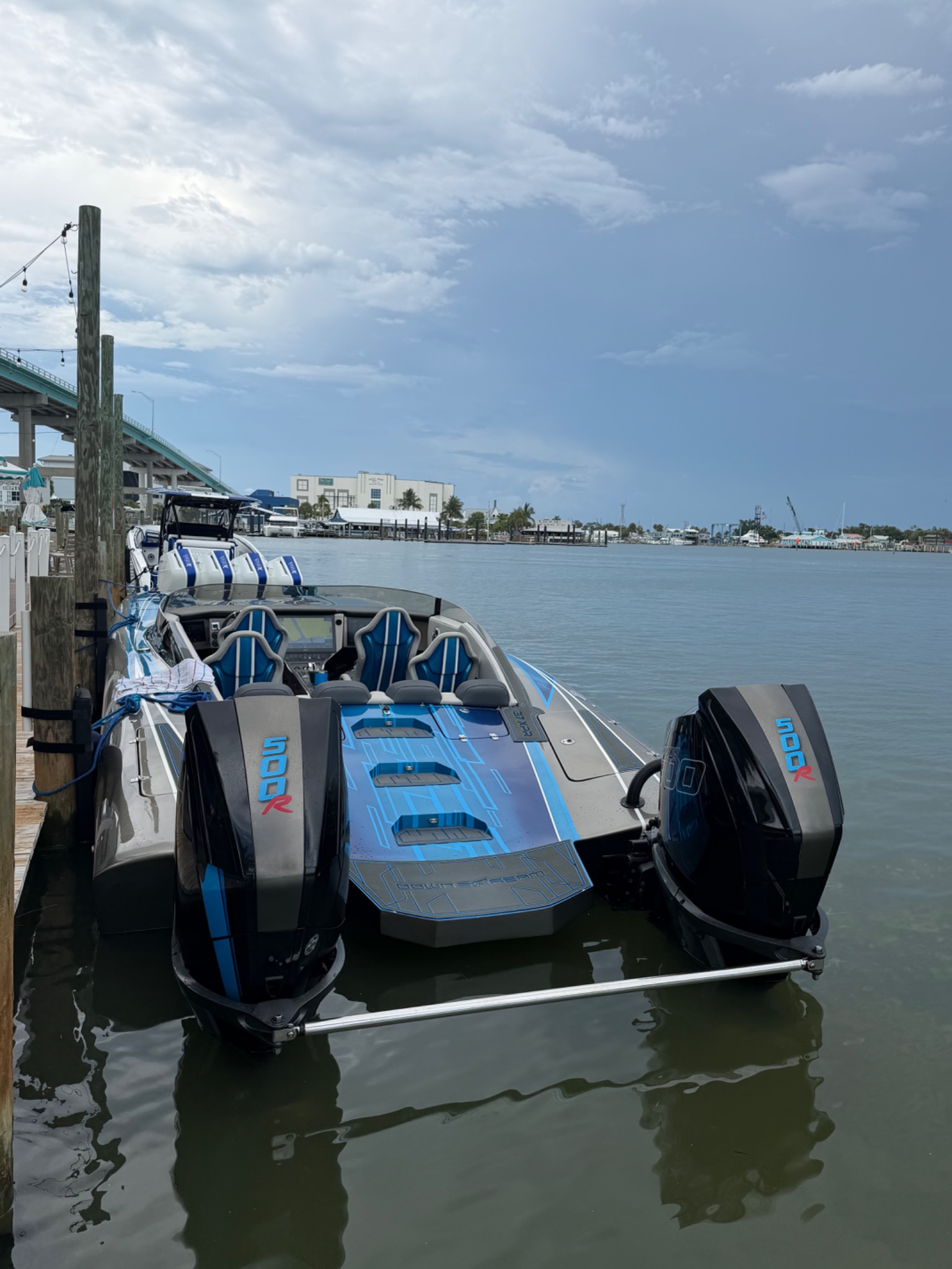 High-performance catamaran with twin Mercury 500R engines at Matanzas Marina